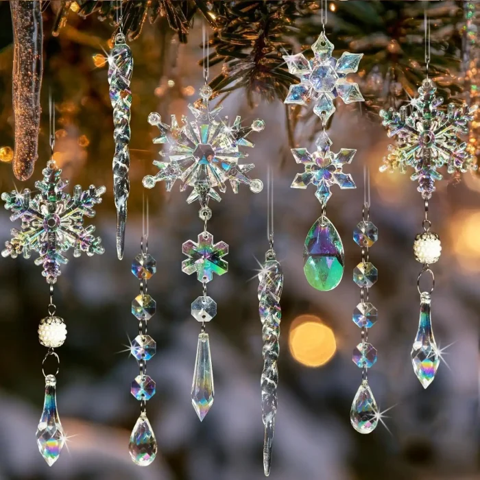 Christmas Tree Decorations Crystal Ornaments - 18pcs Iridescent Christmas Ornaments Acrylic Snowflakes Icicle Drop Crystal Hanging Ornaments for Xmas Tree Winter Holiday Frozen Party Decorations - Image 1